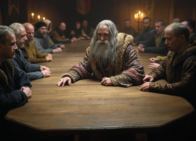 Medieval council meeting scene
