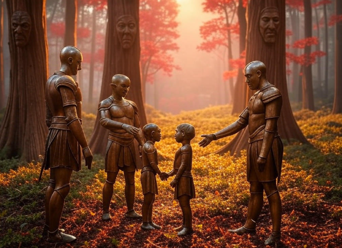 Wooden warriors greeting children forest sunrise