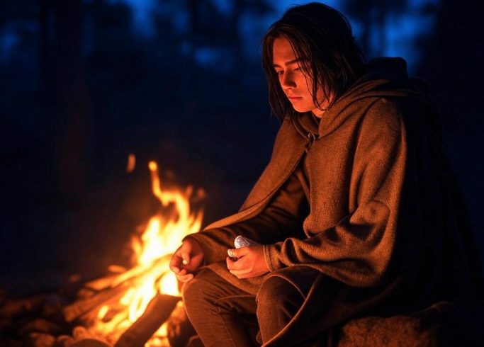 Person sitting by campfire