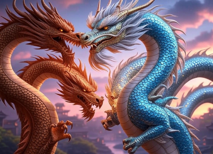 Three colorful dragons battling