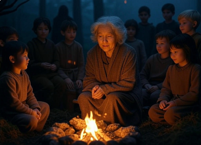 Elder storytelling campfire children forest