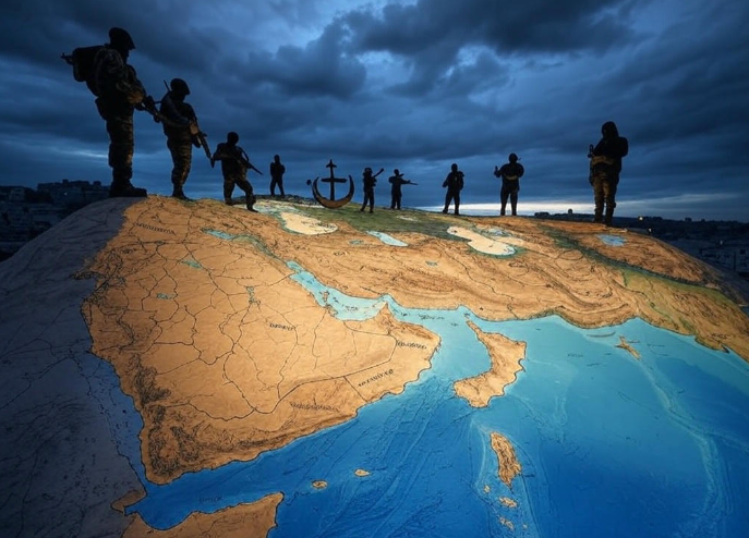 Soldiers on giant globe