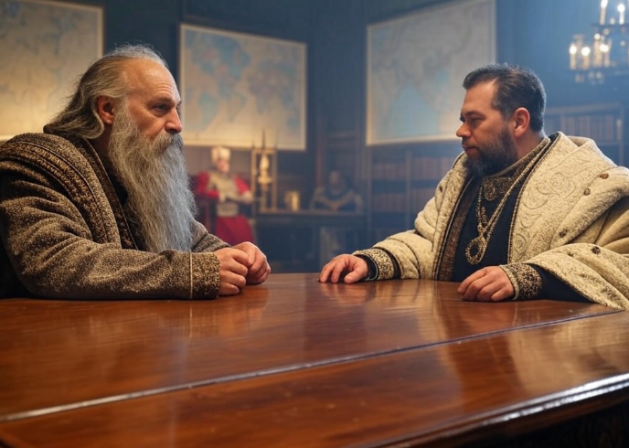 Two scholars discussing seriously