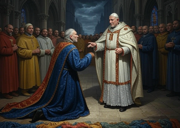 Pope blessing kneeling king