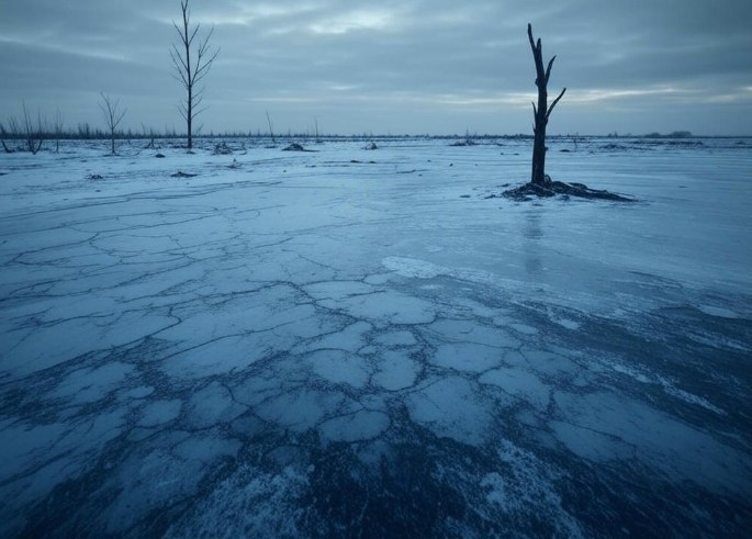 Frozen landscape barren trees