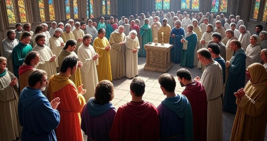 Medieval church gathering scene