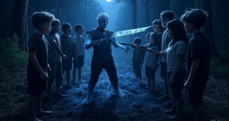 Mysterious figure with children