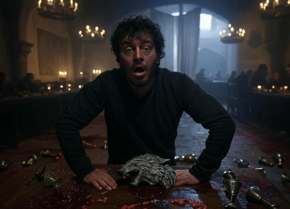 Shocked man bloody table