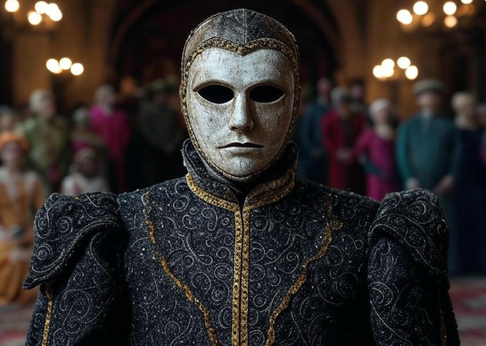 Masked figure ornate costume crowd