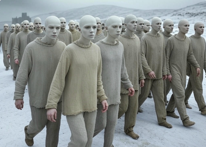 Pale figures marching snow