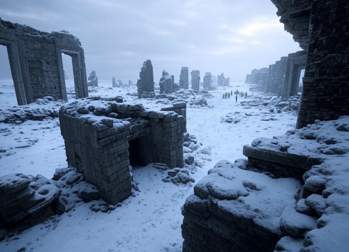 Snowy ruins with figures