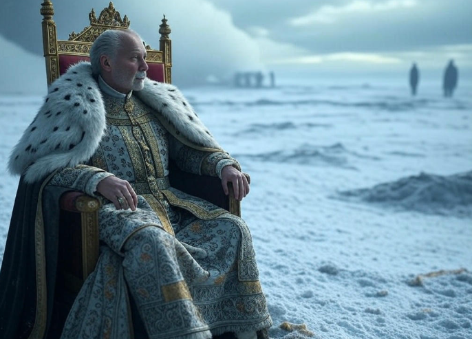 Regal figure throne snowy landscape