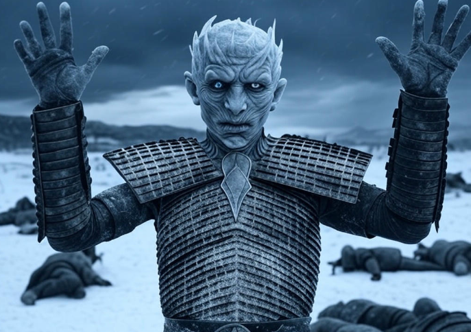 Icy warrior raises arms