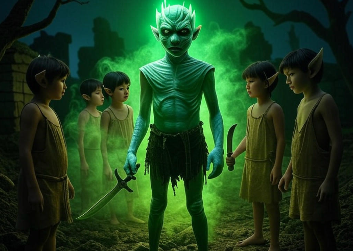 Green glowing creature surrounded children

