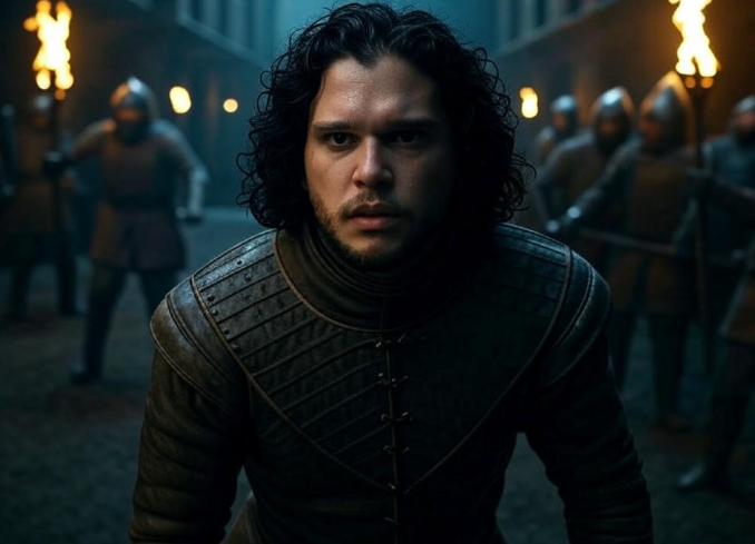 Warrior in torchlit street