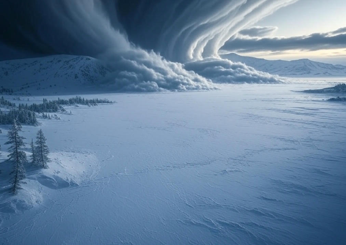Snowy landscape ominous clouds