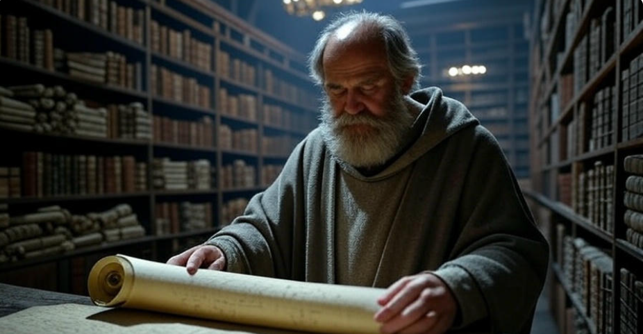 Sage reading ancient scroll