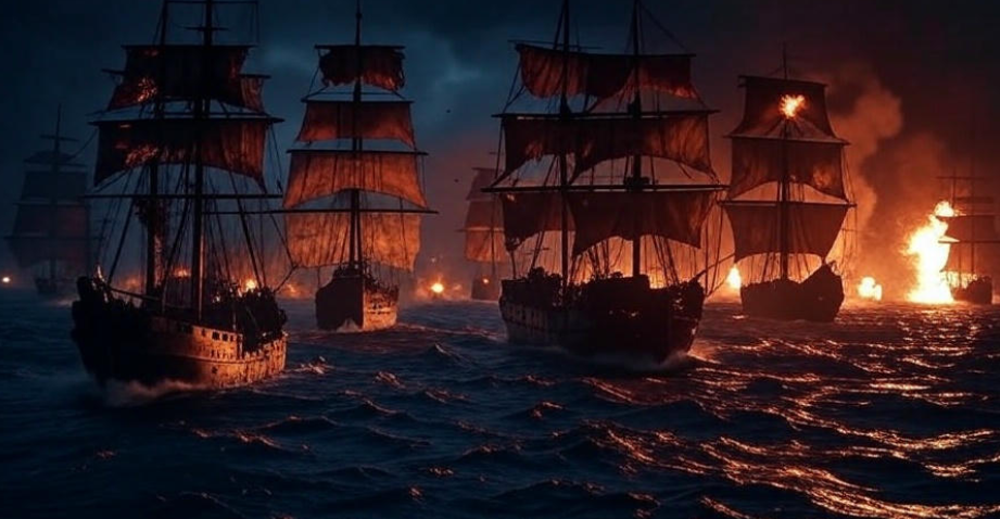 Burning ships stormy sea night