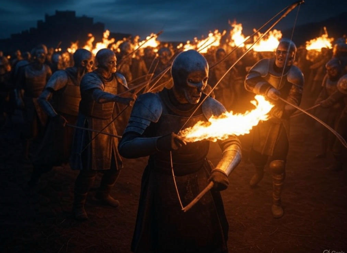 Knights wielding fiery arrows