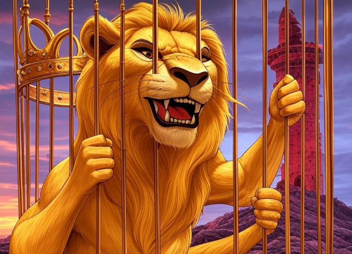 Crowned lion in cage