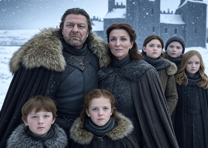 Family in snowy castle