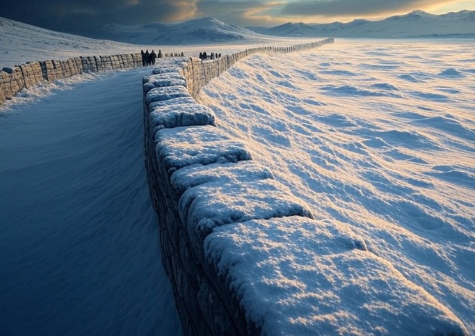 Snowy wall distant figures