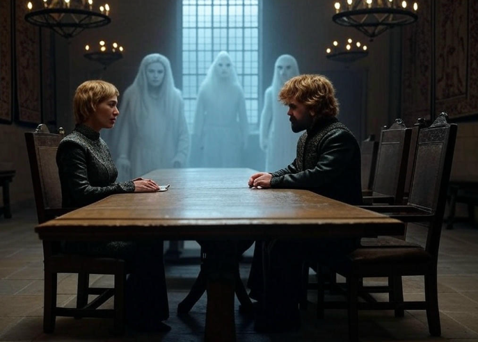 Two people facing ghostly figures