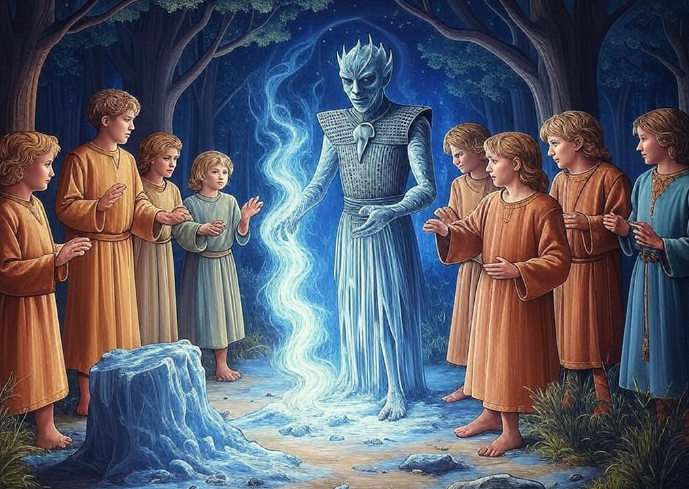 Icy forest mystical figure children gathering