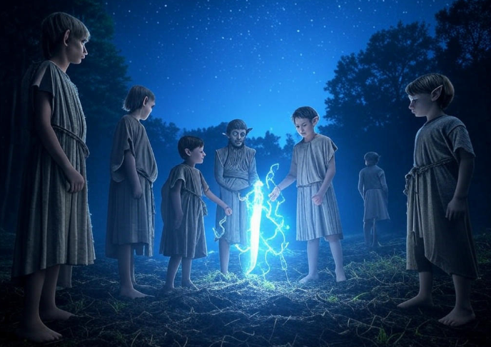 Children glowing forest night