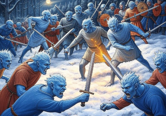 Blue warriors fighting fiercely