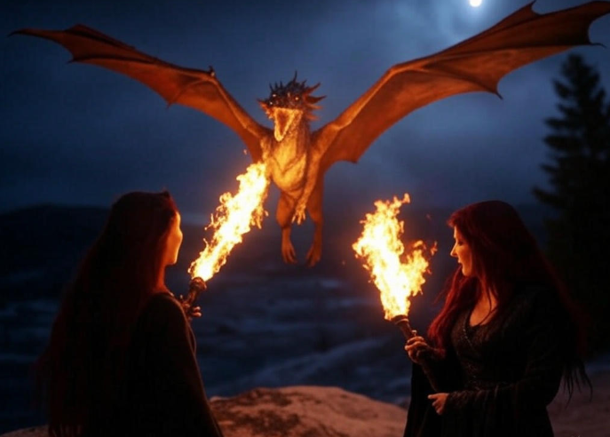 Women face fire-breathing dragon