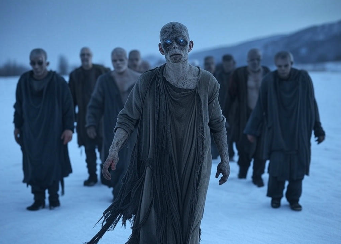 Blue eyed undead marching snow