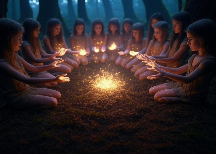 Girls casting magic circle forest
