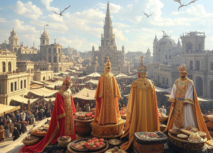 Royal figures bustling city