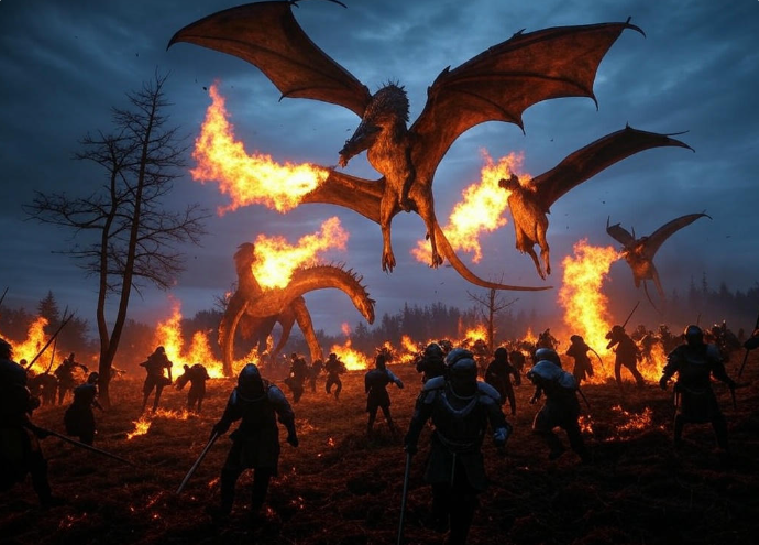 Dragons burning battlefield warriors fighting