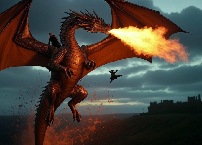 Dragon breathing fire rider falling castle background