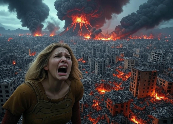 Woman screaming volcanic city