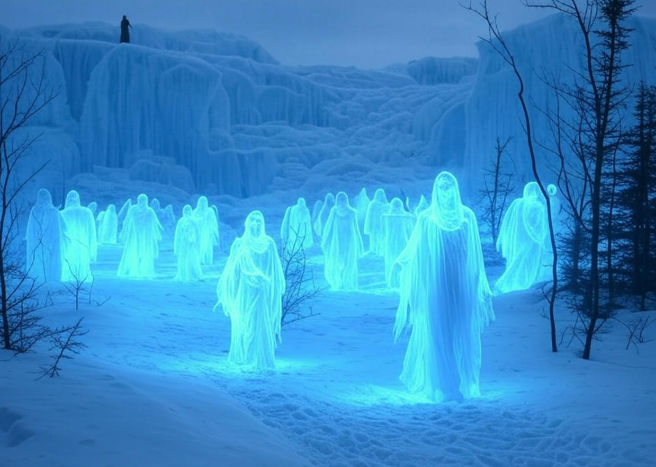 Ethereal figures icy landscape