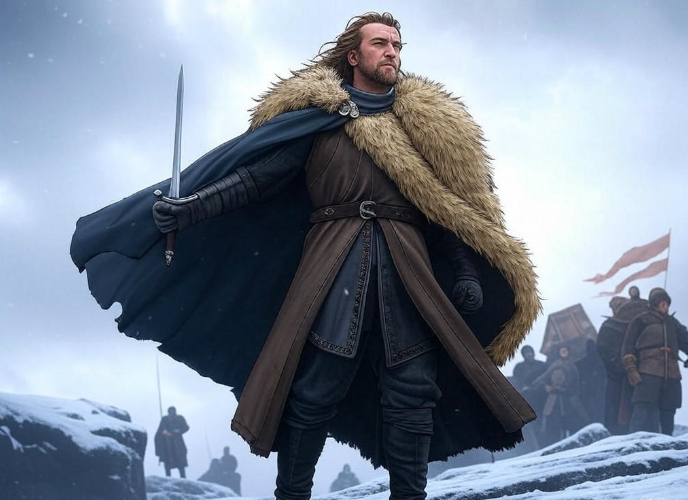 Warrior in fur snowy landscape
