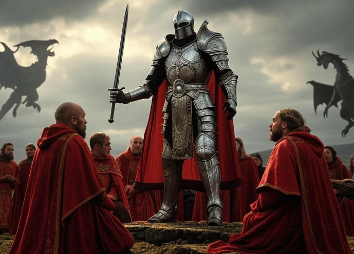 Knight with sword dragons monks