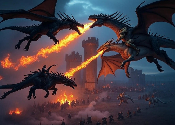 Dragons breathing fire battle