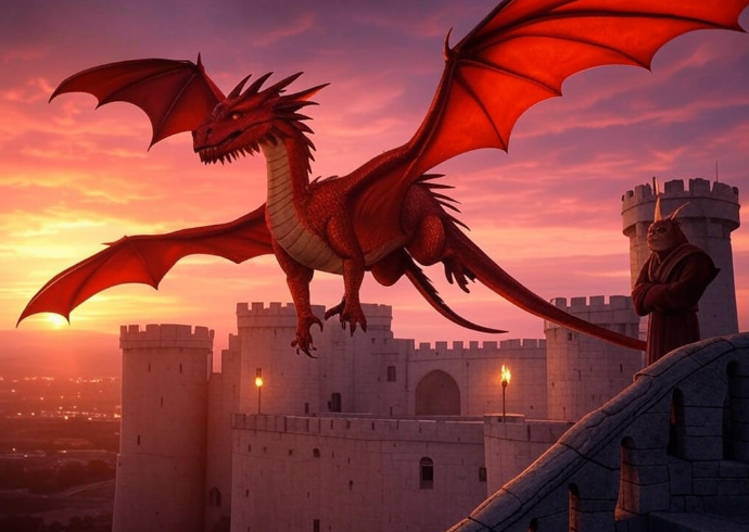 Red dragon over castle