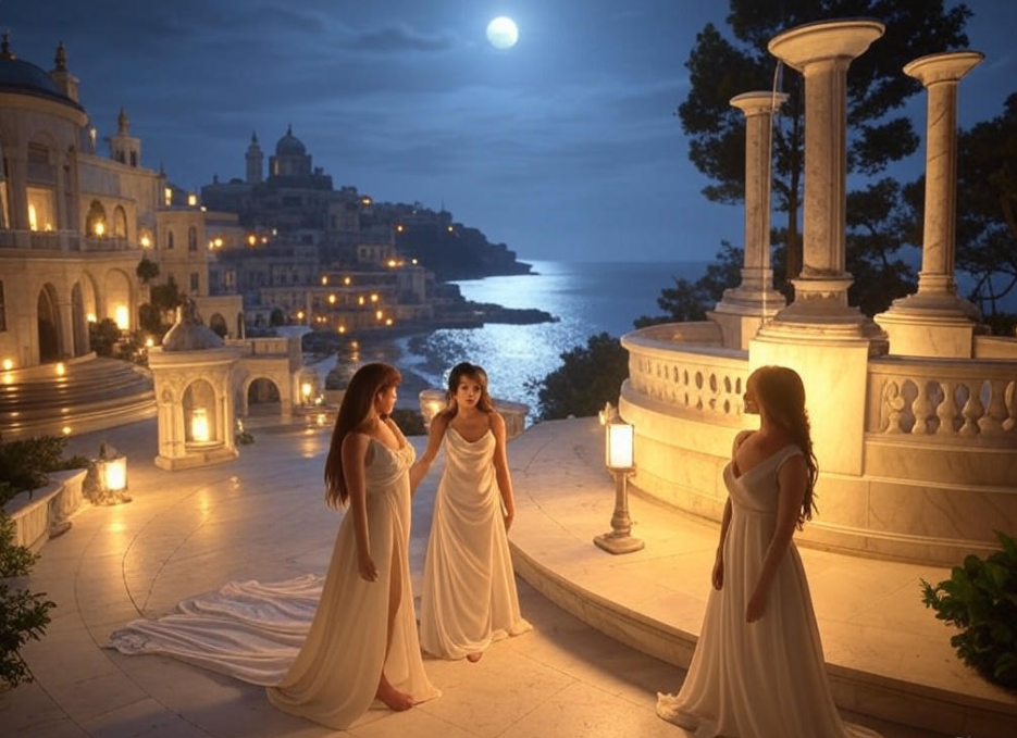 Women in moonlit terrace
