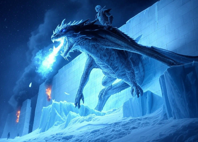 Icy dragon breathing blue fire rider icy wall night