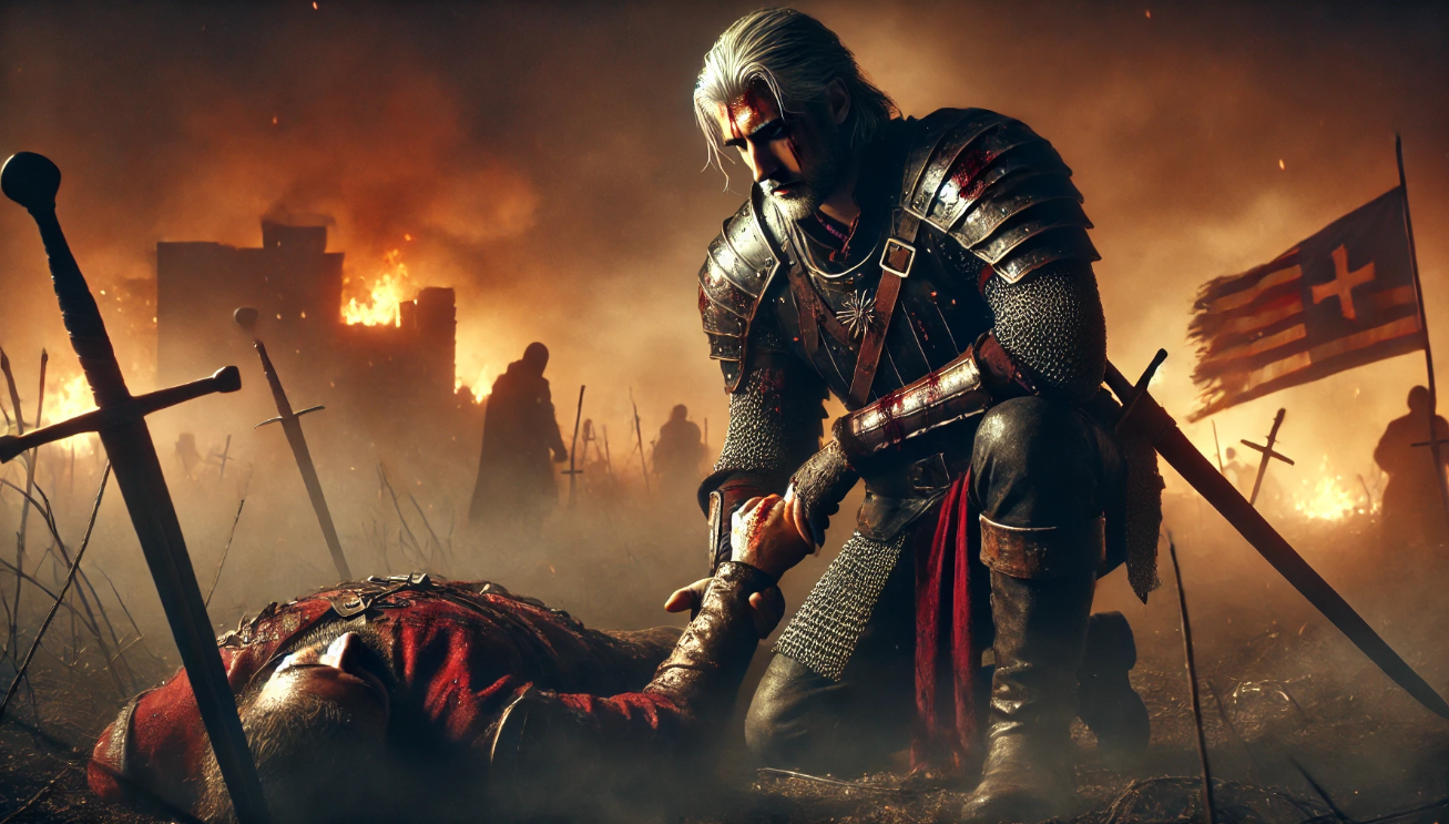 Knight mourning fallen comrade