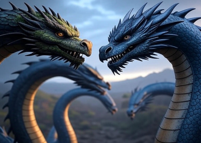 Two dragons facing mountains