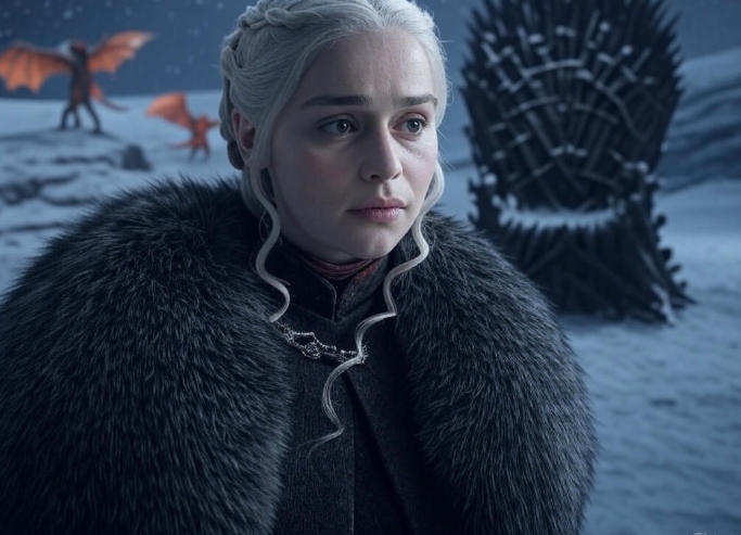 Woman in fur cloak dragons