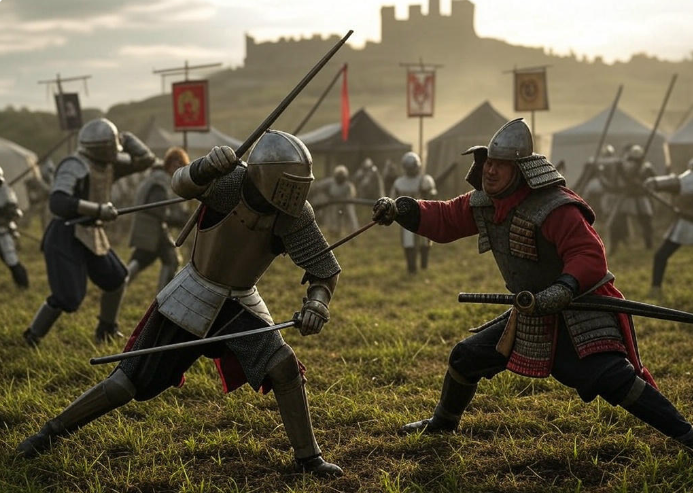 Knights battling near castle