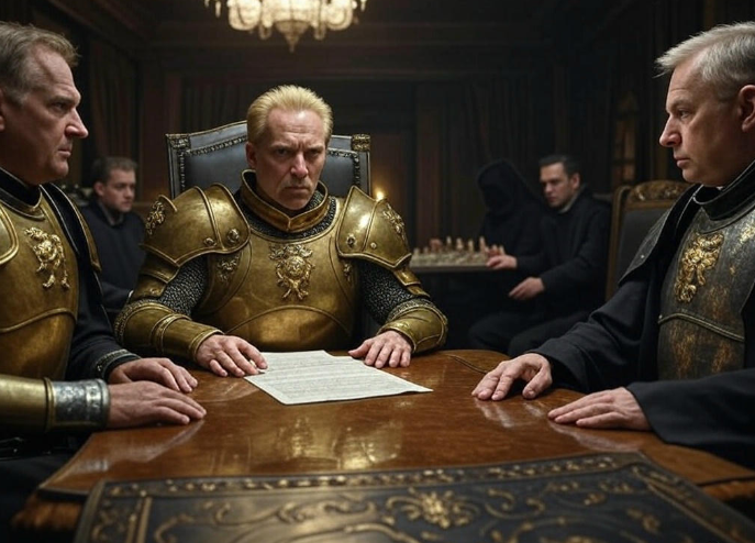 Knights discussing strategy meeting