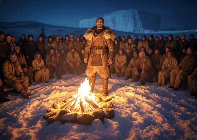 Leader at snowy campfire